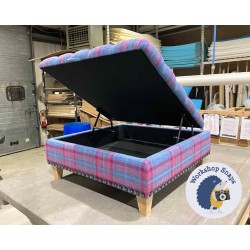 Savernake Deep Buttoned Lid Medium Depth Storage Footstool 91 x 91cm (36 x 36") Highland Check Aqua Aubergine - Full Vintage Studs - 5ins Tapered Natural Leg 5876 Savernake Deep Buttoned Lid Medium Depth Storage Footstool 91 x 91cm (36 x 36") Highland Check Aqua Aubergine - Full Vintage Studs - 5ins Tapered Natural Leg 5876