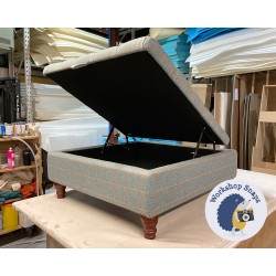 Savernake Deep Buttoned Lid Medium Depth Storage Footstool 91 x 91cm (36 x 36") Wool Check Powder - Piped Trim - 5ins Turned Mahogany Leg 8032 Savernake Deep Buttoned Lid Medium Depth Storage Footstool 91 x 91cm (36 x 36") Wool Check Powder - Piped Trim - 5ins Turned Mahogany Leg 8032