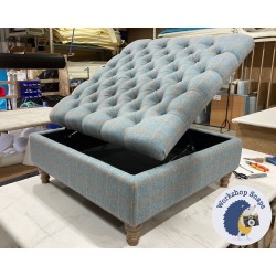 Savernake Deep Buttoned Lid Medium Depth Storage Footstool 91 x 91cm (36 x 36") Wool Check Powder - Piped Trim - 5ins Turned Mahogany Leg 8032 Savernake Deep Buttoned Lid Medium Depth Storage Footstool 91 x 91cm (36 x 36") Wool Check Powder - Piped Trim - 5ins Turned Mahogany Leg 8032