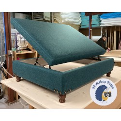BESPOKE SIZE Heartwood Plain & Piped Lid Medium Depth Storage Footstool 122 x 91cm (48 x 36") Wool Plain Teal - Vintage Corner Studs - 4ins Turned Mahogany Leg 8854 BESPOKE SIZE Heartwood Plain & Piped Lid Medium Depth Storage Footstool 122 x 91cm (48 x 36") Wool Plain Teal - Vintage Corner Studs - 4ins Turned Mahogany Leg 8854