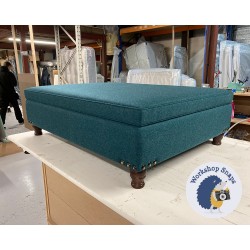 BESPOKE SIZE Heartwood Plain & Piped Lid Medium Depth Storage Footstool 122 x 91cm (48 x 36") Wool Plain Teal - Vintage Corner Studs - 4ins Turned Mahogany Leg 8854 BESPOKE SIZE Heartwood Plain & Piped Lid Medium Depth Storage Footstool 122 x 91cm (48 x 36") Wool Plain Teal - Vintage Corner Studs - 4ins Turned Mahogany Leg 8854
