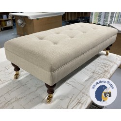 Fernworthy Shallow Buttoned Footstool with Border 122 x 53cm (48 x 21") Soft Weave Stone - 6ins Castor Mahogany Leg 9068 Fernworthy Shallow Buttoned Footstool with Border 122 x 53cm (48 x 21") Soft Weave Stone - 6ins Castor Mahogany Leg 9068