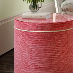 Gosford Glass Insert with Band & Piping Drum Stool 38 x 33cm (15 x 13") in Eco Bobble Coral - Contrast Piped in House Cotton Vanilla - No Trim Gosford Glass Insert with Band & Piping Drum Stool 38 x 33cm (15 x 13") in Eco Bobble Coral - Contrast Piped in House Cotton Vanilla - No Trim