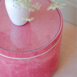 Gosford Glass Insert with Band & Piping Drum Stool 38 x 33cm (15 x 13") in Eco Bobble Coral - Contrast Piped in House Cotton Vanilla - No Trim Gosford Glass Insert with Band & Piping Drum Stool 38 x 33cm (15 x 13") in Eco Bobble Coral - Contrast Piped in House Cotton Vanilla - No Trim