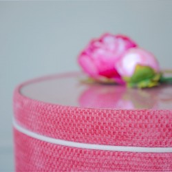 Gosford Glass Insert with Band & Piping Drum Stool 38 x 33cm (15 x 13") in Eco Bobble Coral - Contrast Piped in House Cotton Vanilla - No Trim Gosford Glass Insert with Band & Piping Drum Stool 38 x 33cm (15 x 13") in Eco Bobble Coral - Contrast Piped in House Cotton Vanilla - No Trim