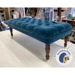 Glenmore Deep Buttoned Footstool with Border 122 x 53cm (48x21") in Customers Own Material - Manuel Canovas Rivoli Lagoon - 25.7cm Turned Leg with Polished Brass Cups Walnut 9517