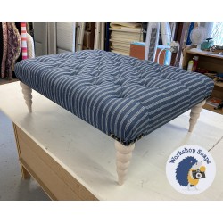 Kinver Deep Buttoned Footstool 102 x 76cm (40 x 30") in COM Titley & Marr Tick Tack Indigo - Vintage Corner Studs - 25cm Tapered Bobbin Leg Liming Wax 9468
