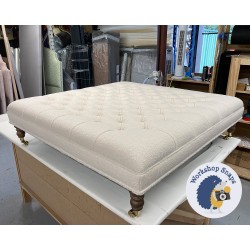 Glenmore Deep Buttoned Footstool with Border 122 x 122cm (48 x 48") Small Boucle Ivory - Double Piped Trim - 17.8cm Castor Leg Oak 9689
