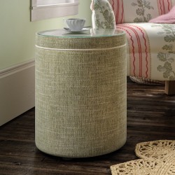 Gosford Glass Insert with Band & Piping Drum Stool 38 x 46cm (15 x 18") in House Weave Sage - Contrast Piped in House Cotton Vanilla - No Trim Gosford Glass Insert with Band & Piping Drum Stool 38 x 46cm (15 x 18") in House Weave Sage - Contrast Piped in House Cotton Vanilla - No Trim