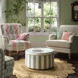 Gosford Glass Insert with Band & Piping Drum Stool 61 x 33cm (24 x 13") Custom Fabric: TOP & BAND Pure Cotton Snow, PIPING Wool Plain Willow, BODY Ian Mankin Devon Stripe Sage - No Trim Gosford Glass Insert with Band & Piping Drum Stool 61 x 33cm (24 x 13") Custom Fabric: TOP & BAND Pure Cotton Snow, PIPING Wool Plain Willow, BODY Ian Mankin Devon Stripe Sage - No Trim