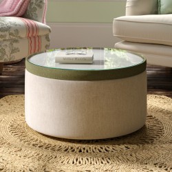 Glentress Glass Insert with Band Drum Stool 61 x 33cm (24 x 13") in Custom Fabric: TOP House Weave Linen, BAND Wool Plain Willow, BODY House Weave Linen - No Trim Glentress Glass Insert with Band Drum Stool 61 x 33cm (24 x 13") in Custom Fabric: TOP House Weave Linen, BAND Wool Plain Willow, BODY House Weave Linen - No Trim