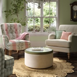 Glentress Glass Insert with Band Drum Stool 61 x 33cm (24 x 13") in Custom Fabric: TOP House Weave Linen, BAND Wool Plain Willow, BODY House Weave Linen - No Trim Glentress Glass Insert with Band Drum Stool 61 x 33cm (24 x 13") in Custom Fabric: TOP House Weave Linen, BAND Wool Plain Willow, BODY House Weave Linen - No Trim