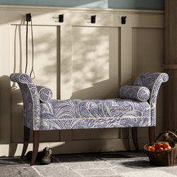 Brignall Deep Buttoned Top Scroll Arm Bench Stool 139 x 48cm (54 x 19") in Fermoie Savernake SAVE-006, Contrast Piped, with Dark Legs