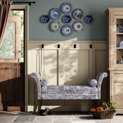 Brignall Deep Buttoned Top Scroll Arm Bench Stool 139 x 48cm (54 x 19") in Fermoie Savernake SAVE-006, Contrast Piped, with Dark Legs