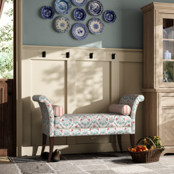 Broxbourne Plain Top Scroll Arm Bench Stool 139 x 48cm (54 x 19") in Charlotte Gaisford Elizabeth Blue, Contrast Piped in House Cotton Vanilla, Dark Legs Broxbourne Plain Top Scroll Arm Bench Stool 139 x 48cm (54 x 19") in Charlotte Gaisford Elizabeth Blue, Contrast Piped in House Cotton Vanilla, Dark Legs