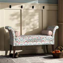 Broxbourne Plain Top Scroll Arm Bench Stool 139 x 48cm (54 x 19") in Charlotte Gaisford Elizabeth Blue, Contrast Piped in House Cotton Vanilla, Dark Legs Broxbourne Plain Top Scroll Arm Bench Stool 139 x 48cm (54 x 19") in Charlotte Gaisford Elizabeth Blue, Contrast Piped in House Cotton Vanilla, Dark Legs