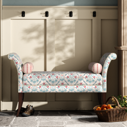 Broxbourne Plain Top Scroll Arm Bench Stool 139 x 48cm (54 x 19") in Charlotte Gaisford Elizabeth Blue, Contrast Piped in House Cotton Vanilla, Dark Legs Broxbourne Plain Top Scroll Arm Bench Stool 139 x 48cm (54 x 19") in Charlotte Gaisford Elizabeth Blue, Contrast Piped in House Cotton Vanilla, Dark Legs