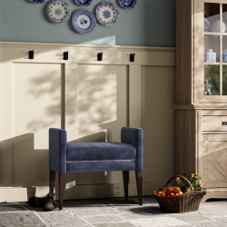 Brampton Plain Top Straight Arm Bench Stool 74 x 39cm (29 x 15") in Easycare Velvet Atlantic, Contrast Piped in House Cotton Vanilla, with Dark Legs