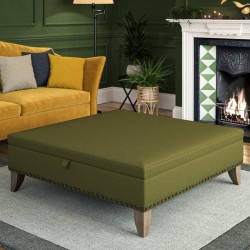 Image for style reference; Heartwood Plain & Piped Lid Medium Depth Storage Footstool in Soft Weave Forest Green - Full Vintage Studs - 6ins Convex Washed Oak Legs Image for style reference; Heartwood Plain & Piped Lid Medium Depth Storage Footstool in Soft Weave Forest Green - Full Vintage Studs - 6ins Convex Washed Oak Legs