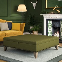 Image for style reference; Heartwood Plain & Piped Lid Medium Depth Storage Footstool in Soft Weave Forest Green - Full Vintage Studs - 6ins Convex Washed Oak Legs Image for style reference; Heartwood Plain & Piped Lid Medium Depth Storage Footstool in Soft Weave Forest Green - Full Vintage Studs - 6ins Convex Washed Oak Legs