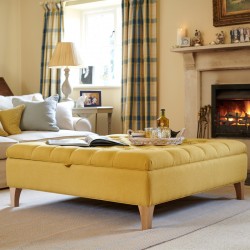 Image for style reference; Savernake Deep Buttoned Lid Medium Depth Storage Footstool in Faux Wool Mustard - 6ins Concave Oiled Oak Legs Image for style reference; Savernake Deep Buttoned Lid Medium Depth Storage Footstool in Faux Wool Mustard - 6ins Concave Oiled Oak Legs