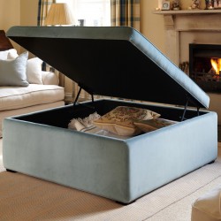 Image for style reference; Greenwood Plain & Piped Lid Full Depth Storage Footstool in Soft Velvet Sky