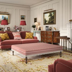 Arden Plain Top Self Piped Footstool 152 x 122cm (60 x 48") in Jane Churchill Yarra Stripe Red, with Customers Own Trim (Samuel & Sons Sophie Tassel Fringe), 26.7cm (10.5") and Turned Leg with Polished Brass Cups in Walnut Arden Plain Top Self Piped Footstool 152 x 122cm (60 x 48") in Jane Churchill Yarra Stripe Red, with Customers Own Trim (Samuel & Sons Sophie Tassel Fringe), 26.7cm (10.5") and Turned Leg with Polished Brass Cups in Walnut