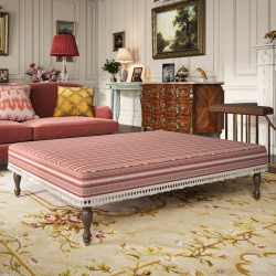 Arden Plain Top Self Piped Footstool 152 x 122cm (60 x 48") in Jane Churchill Yarra Stripe Red, with Customers Own Trim (Samuel & Sons Sophie Tassel Fringe), 26.7cm (10.5") and Turned Leg with Polished Brass Cups in Walnut Arden Plain Top Self Piped Footstool 152 x 122cm (60 x 48") in Jane Churchill Yarra Stripe Red, with Customers Own Trim (Samuel & Sons Sophie Tassel Fringe), 26.7cm (10.5") and Turned Leg with Polished Brass Cups in Walnut