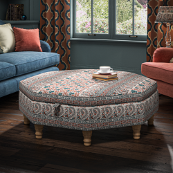 Pembrey Octagonal Storage Ottoman 121cm (48") in Ian Sanderson Mallow Border Cortez - Top Edge Self Piped - 12.7cm (5") Turned Leg Oak - No Trim