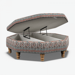Pembrey Octagonal Storage Ottoman 121cm (48") in Ian Sanderson Mallow Border Cortez - Top Edge Backtacked - 12.7cm (5") Turned Leg Oak - No Trim