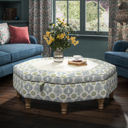 Delamere Octagonal Storage Ottoman 121cm (48") with Bone Corian Inlay in Charlotte Gaisford Sharanshar Storm - Top Edge Backtacked - 12.7cm (5") Turned Leg Oak - No Trim Delamere Octagonal Storage Ottoman 121cm (48") with Bone Corian Inlay in Charlotte Gaisford Sharanshar Storm - Top Edge Backtacked - 12.7cm (5") Turned Leg Oak - No Trim
