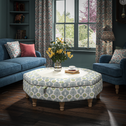 Delamere Octagonal Storage Ottoman 121cm (48") with Bone Corian Inlay in Charlotte Gaisford Sharanshar Storm - Top Edge Backtacked - 12.7cm (5") Turned Leg Oak - No Trim Delamere Octagonal Storage Ottoman 121cm (48") with Bone Corian Inlay in Charlotte Gaisford Sharanshar Storm - Top Edge Backtacked - 12.7cm (5") Turned Leg Oak - No Trim