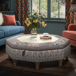 Delamere Octagonal Storage Ottoman 121cm (48") with Bone Corian Inlay in Ian Sanderson Mallow Border Cortez - Top Edge Self Piped - 12.7cm (5") Turned Leg Oak - No Trim Delamere Octagonal Storage Ottoman 121cm (48") with Bone Corian Inlay in Ian Sanderson Mallow Border Cortez - Top Edge Self Piped - 12.7cm (5") Turned Leg Oak - No Trim