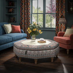 Delamere Octagonal Storage Ottoman 121cm (48") with Bone Corian Inlay in Ian Sanderson Mallow Border Cortez - Top Edge Self Piped - 12.7cm (5") Turned Leg Oak - No Trim Delamere Octagonal Storage Ottoman 121cm (48") with Bone Corian Inlay in Ian Sanderson Mallow Border Cortez - Top Edge Self Piped - 12.7cm (5") Turned Leg Oak - No Trim