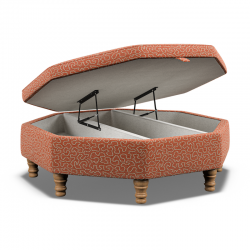 Delamere Octagonal Storage Ottoman 121cm (48") with Bone Corian Inlay in Linwood Tango Weaves Carmine - Top Edge Self Piped - 12.7cm (5") Turned Leg Oak - No Trim Delamere Octagonal Storage Ottoman 121cm (48") with Bone Corian Inlay in Linwood Tango Weaves Carmine - Top Edge Self Piped - 12.7cm (5") Turned Leg Oak - No Trim