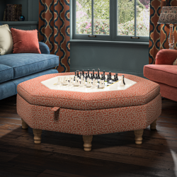 Delamere Octagonal Storage Ottoman 121cm (48") with Chess Board Inlay in Linwood Tango Weaves Carmine - Top Edge Back Tacked - 12.7cm (5") Turned Leg Oak - No Trim Delamere Octagonal Storage Ottoman 121cm (48") with Chess Board Inlay in Linwood Tango Weaves Carmine - Top Edge Back Tacked - 12.7cm (5") Turned Leg Oak - No Trim