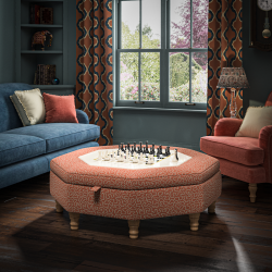 Delamere Octagonal Storage Ottoman 121cm (48") with Chess Board Inlay in Linwood Tango Weaves Carmine - Top Edge Back Tacked - 12.7cm (5") Turned Leg Oak - No Trim Delamere Octagonal Storage Ottoman 121cm (48") with Chess Board Inlay in Linwood Tango Weaves Carmine - Top Edge Back Tacked - 12.7cm (5") Turned Leg Oak - No Trim