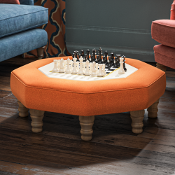 Cadora Octagonal Ottoman 80cm (31.5") with Chess Board Inlay in Linwood Romney Wool Ember - Top Edge Self Piped - 12.7cm (5") Turned Leg Oak - No Trim