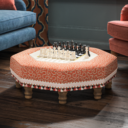 Cadora Octagonal Ottoman 80cm (31.5") with Chess Board Inlay in Linwood Tango Weaves Carmine - Top Edge Self Piped - 12.7cm (5") Turned Leg Oak - Customers Own Trim