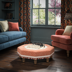 Cadora Octagonal Ottoman 80cm (31.5") with Chess Board Inlay in Linwood Tango Weaves Carmine - Top Edge Self Piped - 12.7cm (5") Turned Leg Oak - Customers Own Trim