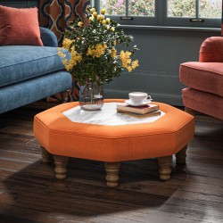 Cadora Octagonal Ottoman 80cm (31.5") with Arabescato Italian Marble Inlay in Linwood Romney Wool Ember - Top Edge Self Piped - 12.7cm (5") Turned Leg Oak - No Trim