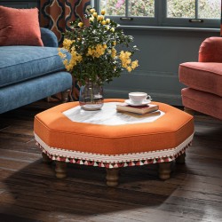 Cadora Octagonal Ottoman 80cm (31.5") with Arabescato Italian Marble Inlay in Linwood Romney Wool Ember - Top Edge Self Piped - 12.7cm (5") Turned Leg Oak - Customers Own Trim