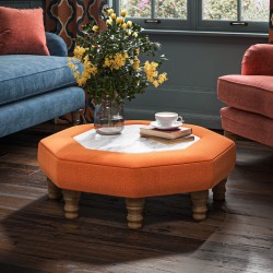 Cadora Octagonal Ottoman 80cm (31.5") with Arabescato Italian Marble Inlay in Linwood Romney Wool Ember - Top Edge Backtacked - 12.7cm (5") Turned Leg Oak - No Trim