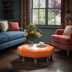 Cadora Octagonal Ottoman 80cm (31.5") with Arabescato Italian Marble Inlay in Linwood Romney Wool Ember - Top Edge Backtacked - 12.7cm (5") Turned Leg Oak - No Trim