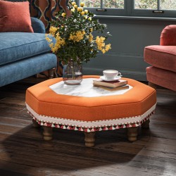 Cadora Octagonal Ottoman 80cm (31.5") with Arabescato Italian Marble Inlay in Linwood Romney Wool Ember - Top Edge Backtacked - 12.7cm (5") Turned Leg Oak - Customers Own Trim