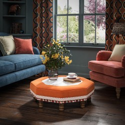 Cadora Octagonal Ottoman 80cm (31.5") with Arabescato Italian Marble Inlay in Linwood Romney Wool Ember - Top Edge Backtacked - 12.7cm (5") Turned Leg Oak - Customers Own Trim