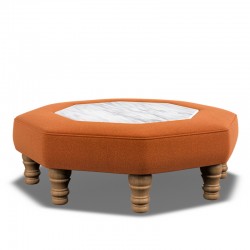 Cadora Octagonal Ottoman 80cm (31.5") with Arabescato Italian Marble Inlay in Linwood Romney Wool Ember - Top Edge Self Piped - 12.7cm (5") Turned Leg Oak - No Trim