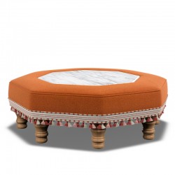 Cadora Octagonal Ottoman 80cm (31.5") with Arabescato Italian Marble Inlay in Linwood Romney Wool Ember - Top Edge Self Piped - 12.7cm (5") Turned Leg Oak - Customers Own Trim
