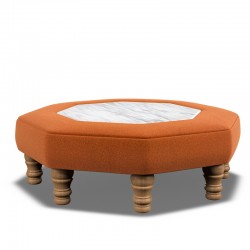 Cadora Octagonal Ottoman 80cm (31.5") with Arabescato Italian Marble Inlay in Linwood Romney Wool Ember - Top Edge Backtacked - 12.7cm (5") Turned Leg Oak - No Trim