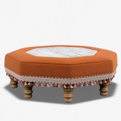 Cadora Octagonal Ottoman 80cm (31.5") with Arabescato Italian Marble Inlay in Linwood Romney Wool Ember - Top Edge Backtacked - 12.7cm (5") Turned Leg Oak - Customers Own Trim
